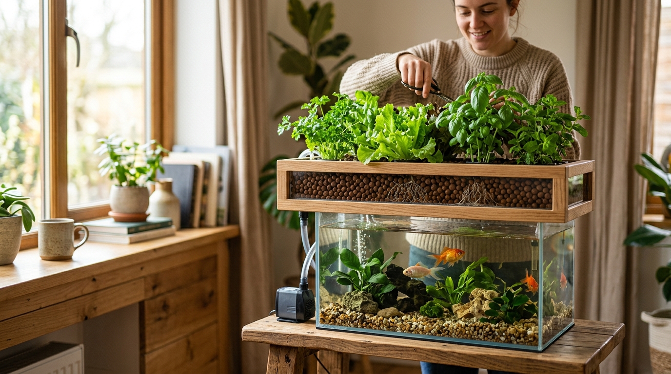 A beginner aquaponics media bed system with a fish tank below and a grow bed filled with leafy greens above