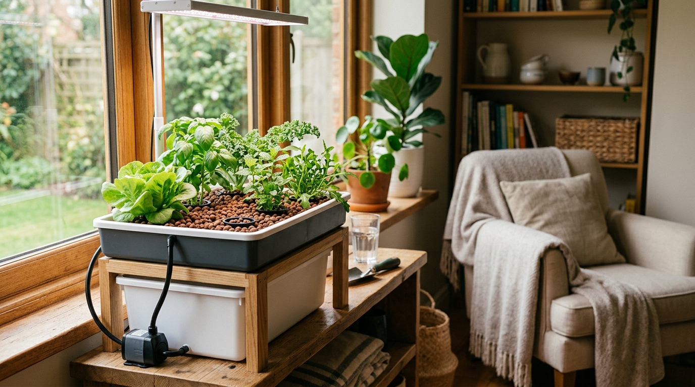 Ebb and flow hydroponic flood table with tomato and pepper plants growing in clay pebble media