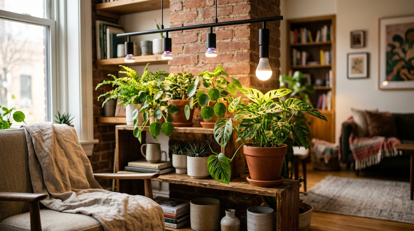 Full-spectrum LED grow light bulb glowing above a small herb plant in a ceramic pot on a kitchen shelf