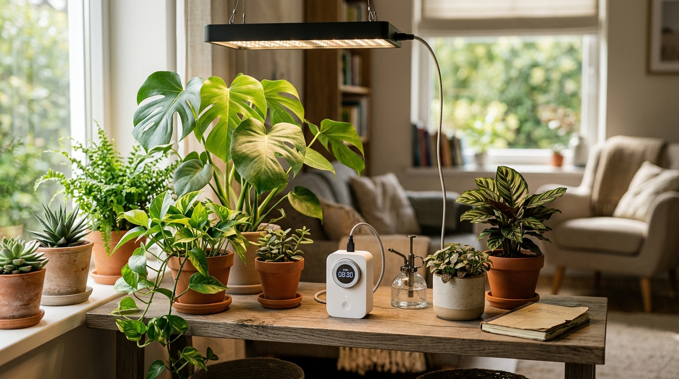 Digital outlet timer plugged into a power strip with an LED grow light illuminating a tray of seedlings on a wire rack shelf
