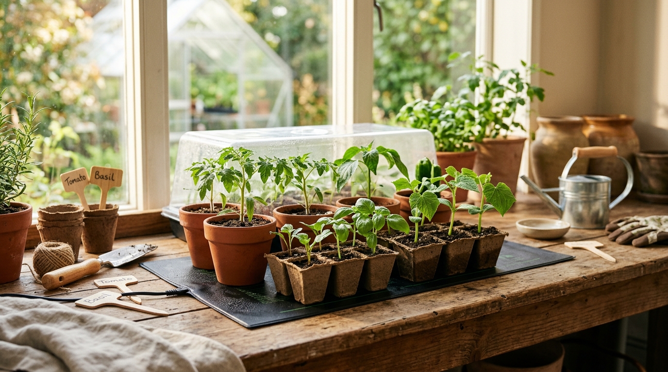 Seedling heat mat under a 1020 tray of pepper seedlings on a potting bench, small green shoots visible in dark seed-starting mix, warm indoor light