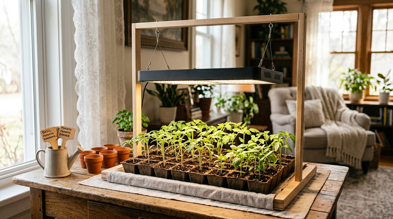 LED grow light strip illuminating rows of green seedlings in small plug trays on a wire rack shelf
