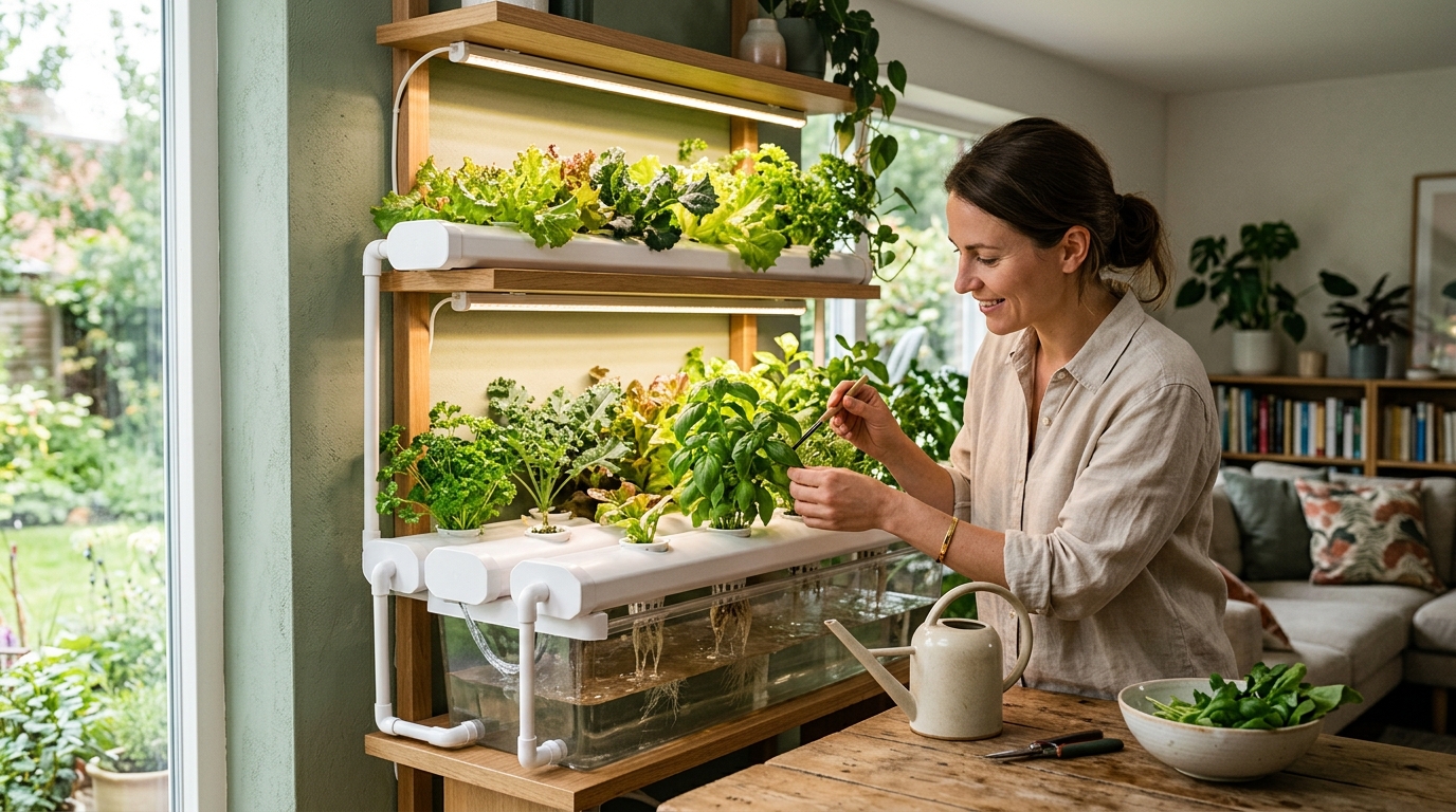 NFT hydroponic channel system with rows of lettuce and herbs growing in sloped channels