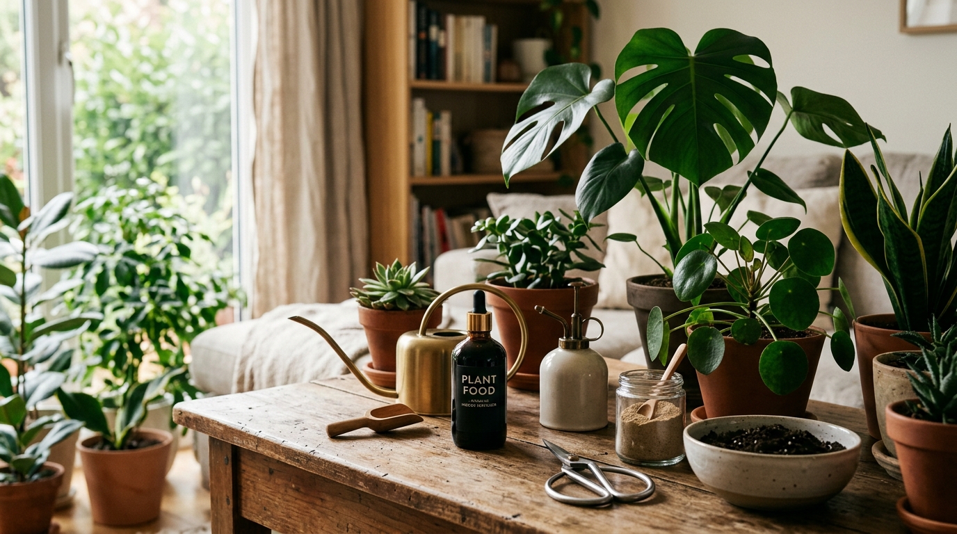 Assorted indoor plant fertilizer bottles and granules arranged on a wooden shelf next to green houseplants