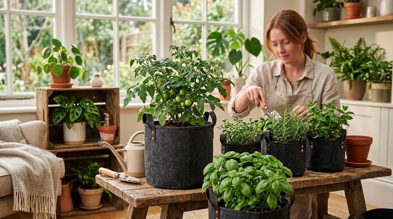 Fabric grow bags filled with soil on a wooden deck, growing tomatoes and herbs under a grow light