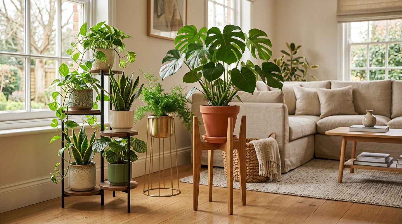 Collection of indoor plant stands at varying heights holding lush pothos, snake plant, and peace lily against a bright white interior wall