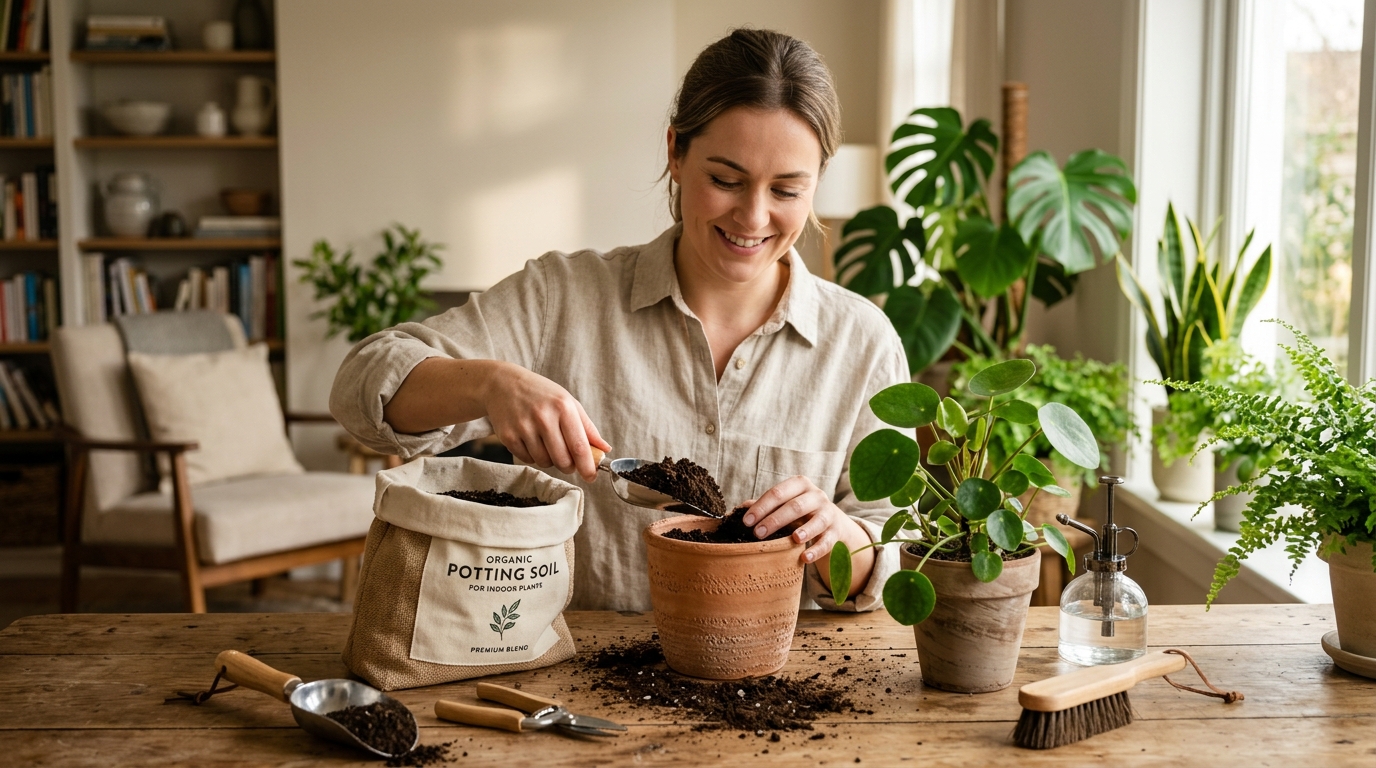 A collection of indoor plants in terracotta and ceramic pots arranged on a bright windowsill with a bag of premium potting mix nearby