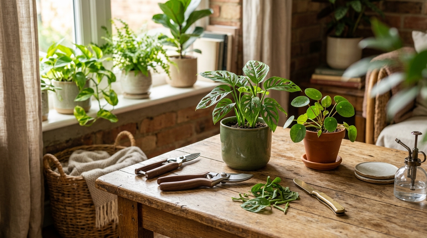 Stainless steel pruning snips and bypass pruners resting on a wooden surface beside a pothos plant with fresh green cuttings