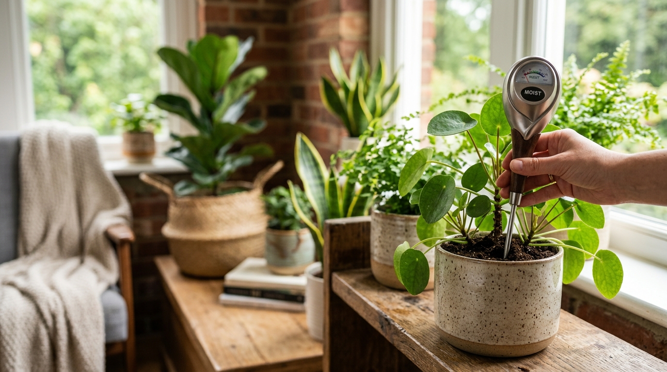 Several soil moisture and pH meters propped in terracotta pots filled with dark potting mix, surrounded by healthy indoor plants on a bright tabletop