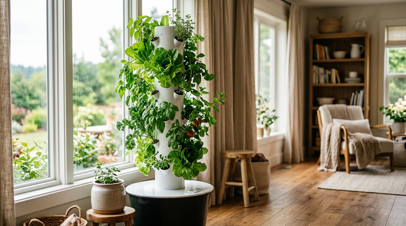 Vertical tower garden growing lettuce and herbs indoors under LED grow lights