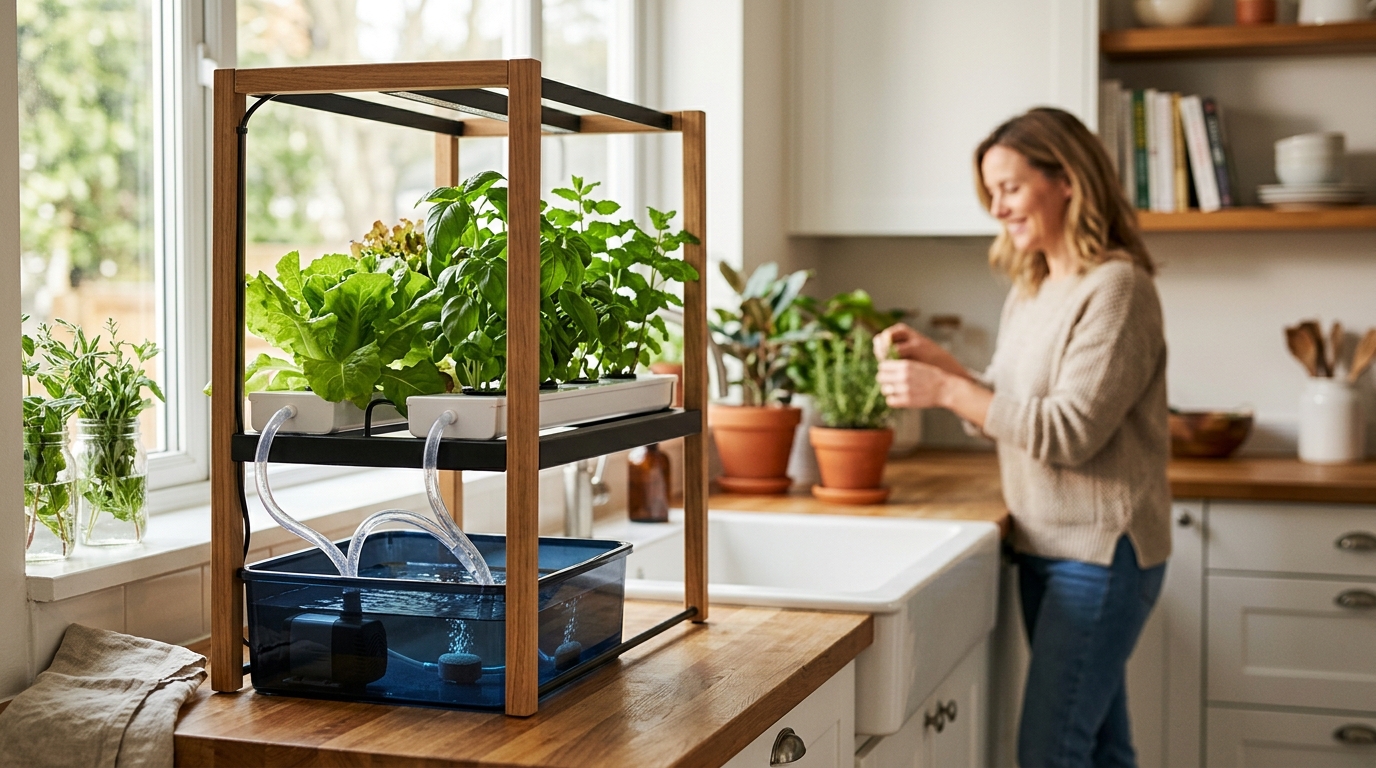 Submersible water pump in a hydroponic reservoir circulating nutrient solution