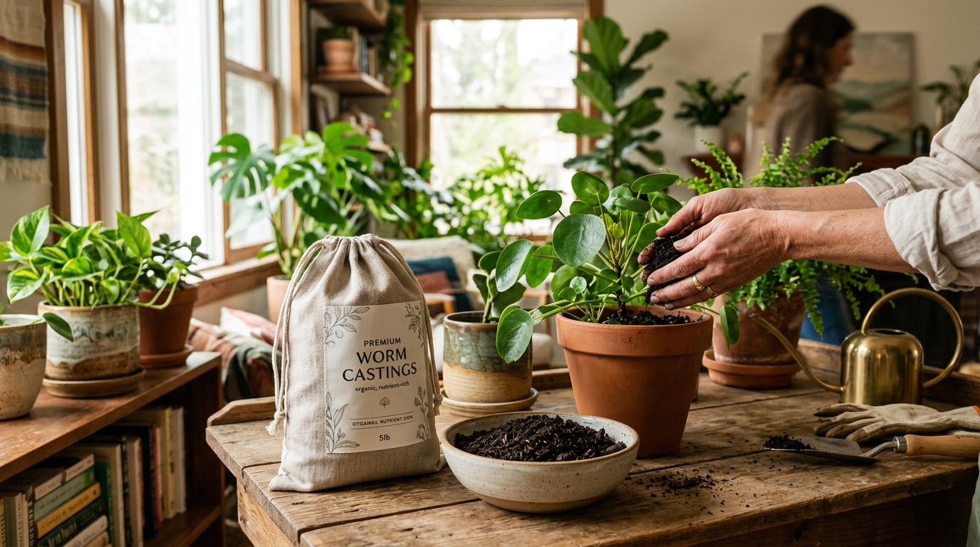 Bags of worm castings next to green indoor plants on a potting bench