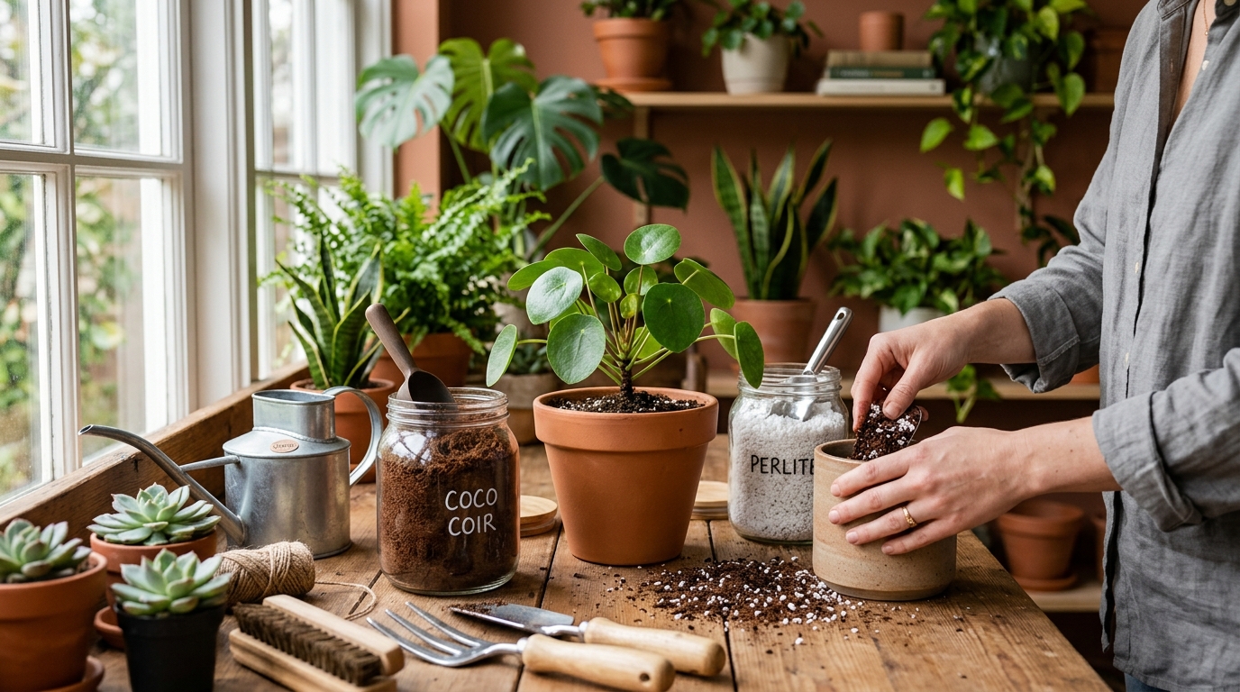 Side-by-side pots of tan coco coir and white perlite granules with seedlings growing in a blended mix in the center