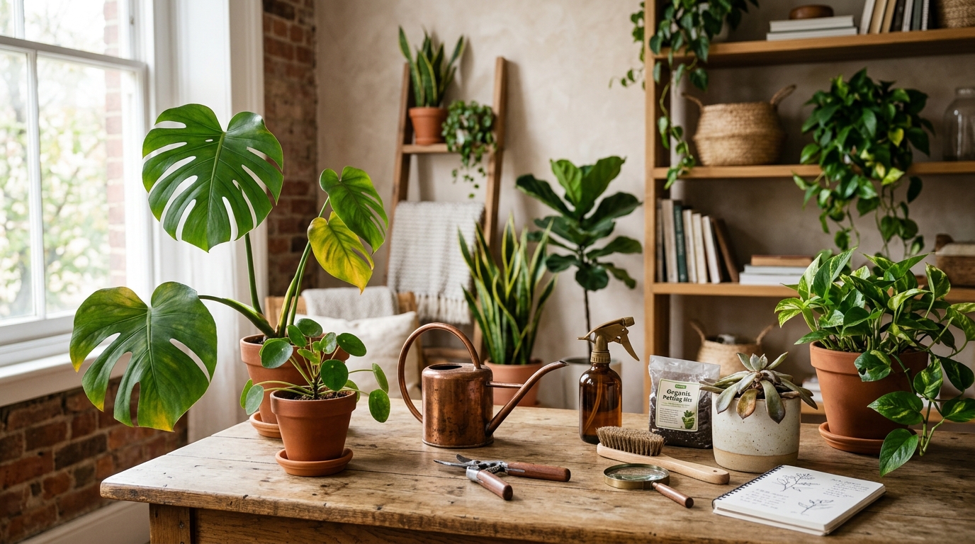Indoor plant with yellowing leaves on a windowsill next to a spray bottle and gardening tools
