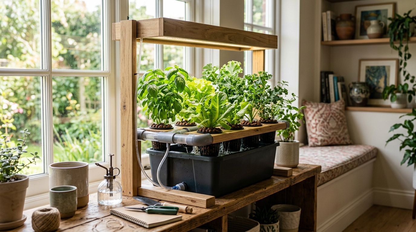 A DIY deep water culture hydroponics system with net pots suspended over a dark bucket reservoir, plant roots visible in aerated nutrient solution