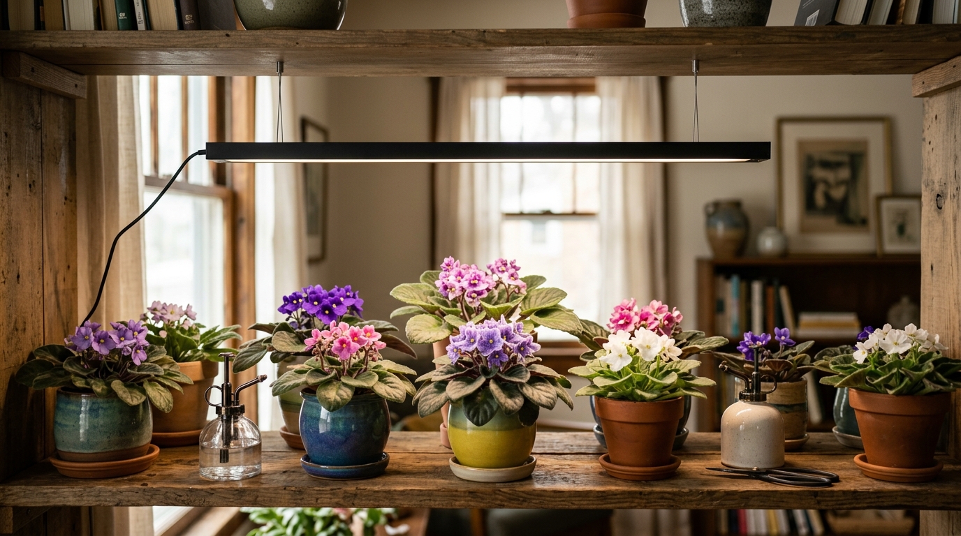 Barrina T5 LED grow light bars illuminating a shelf of blooming African violets with purple and pink flowers in a bright living room