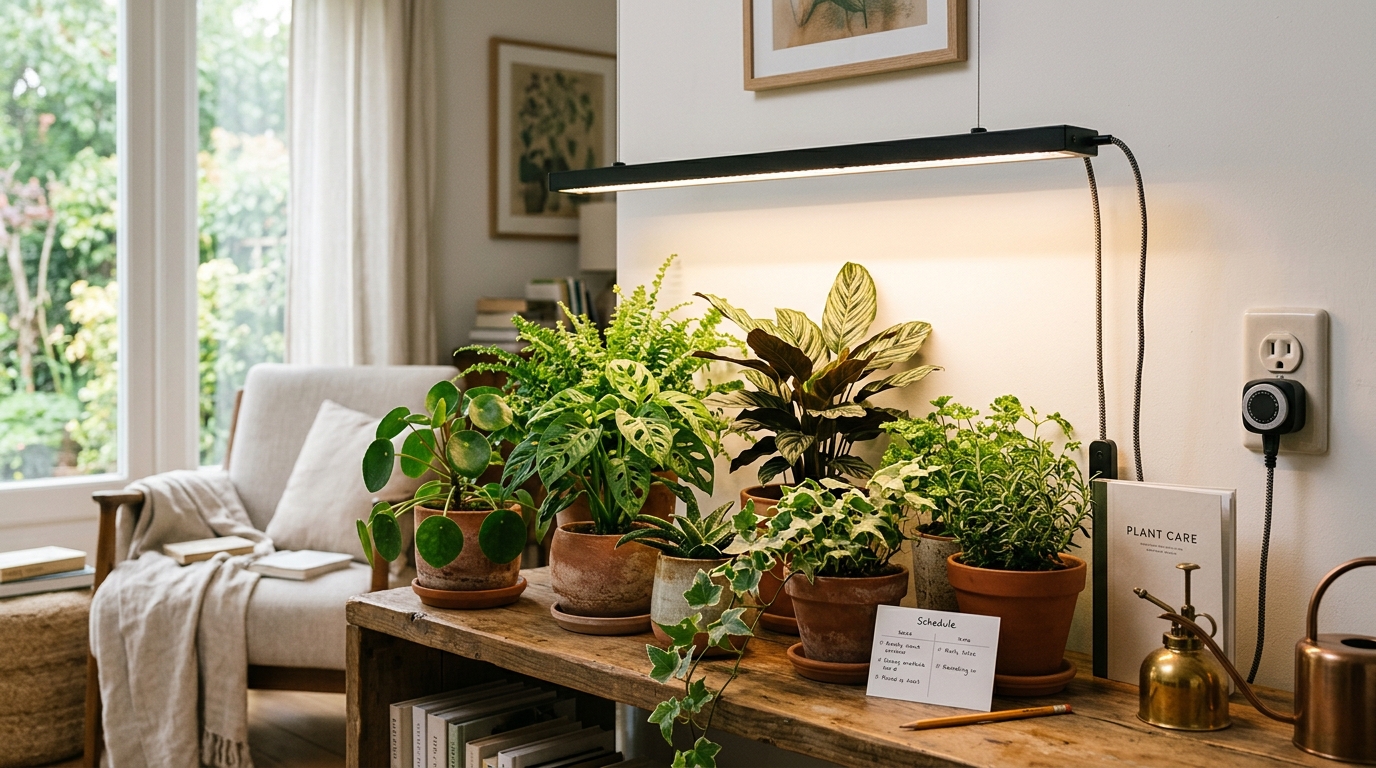 A mechanical outlet timer plugged into a power strip controlling an LED grow light above trays of seedlings on a wire shelf