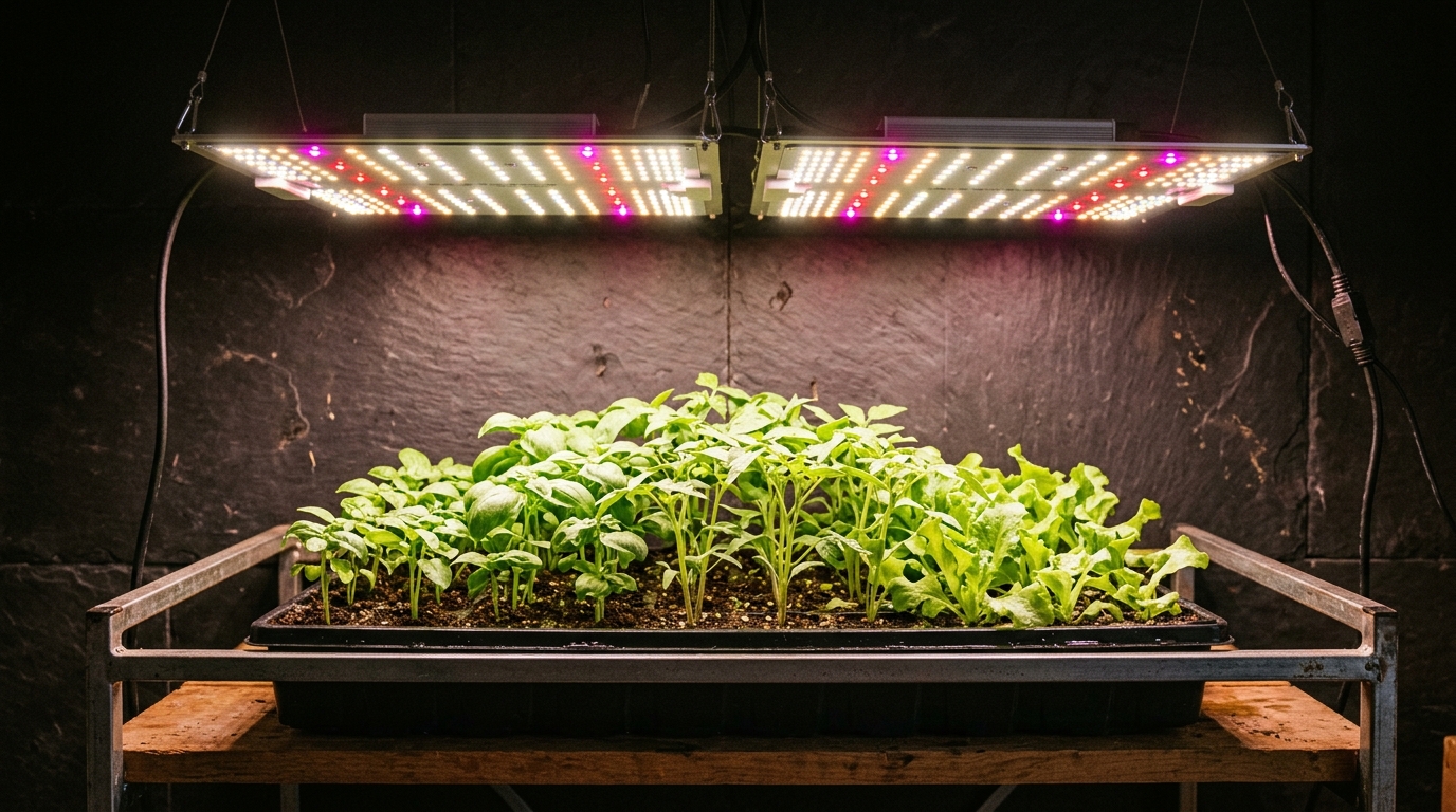 Full-spectrum LED grow light panels illuminating young leafy seedlings on a dark background