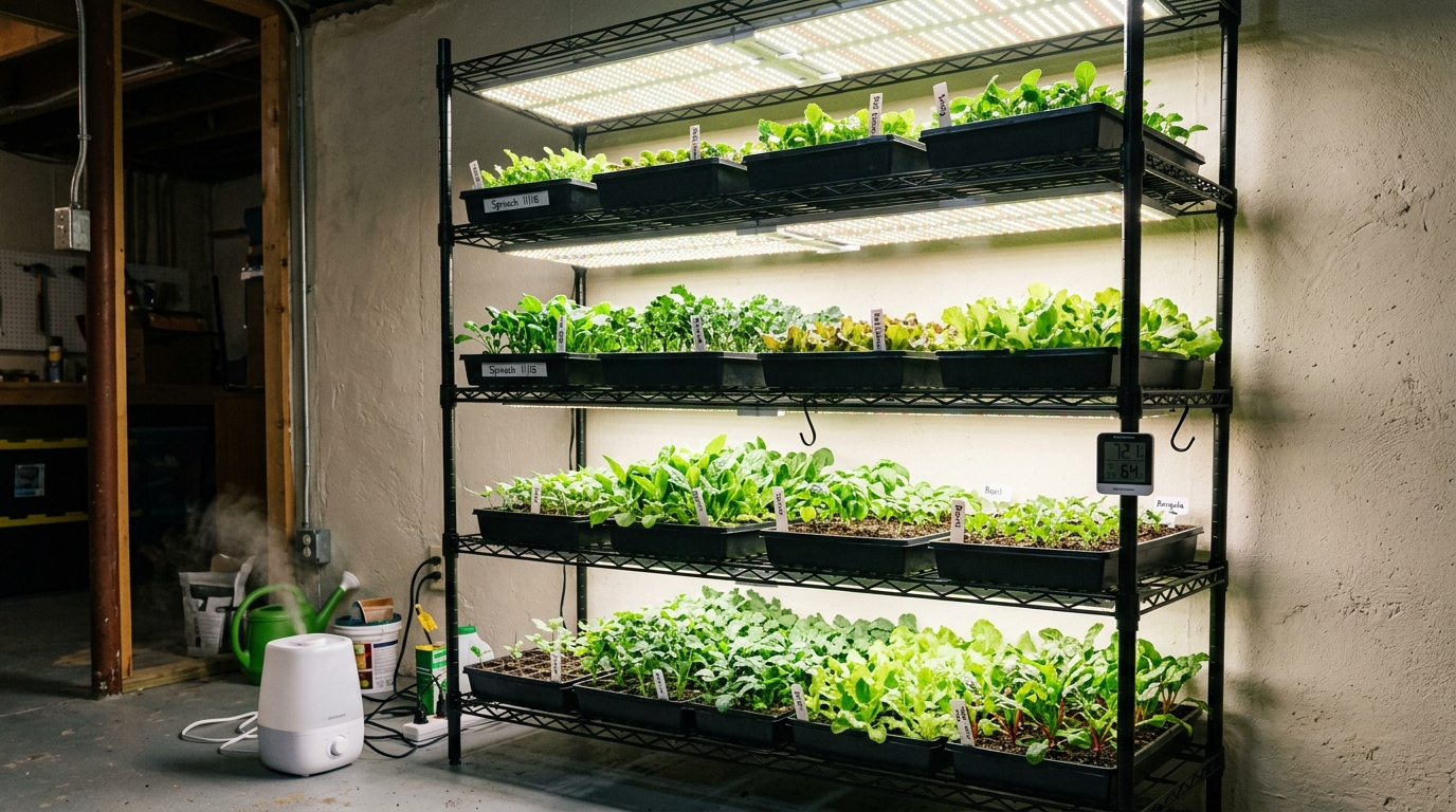 Tiered metal grow rack with LED lights and seed-starting trays in a basement growing area