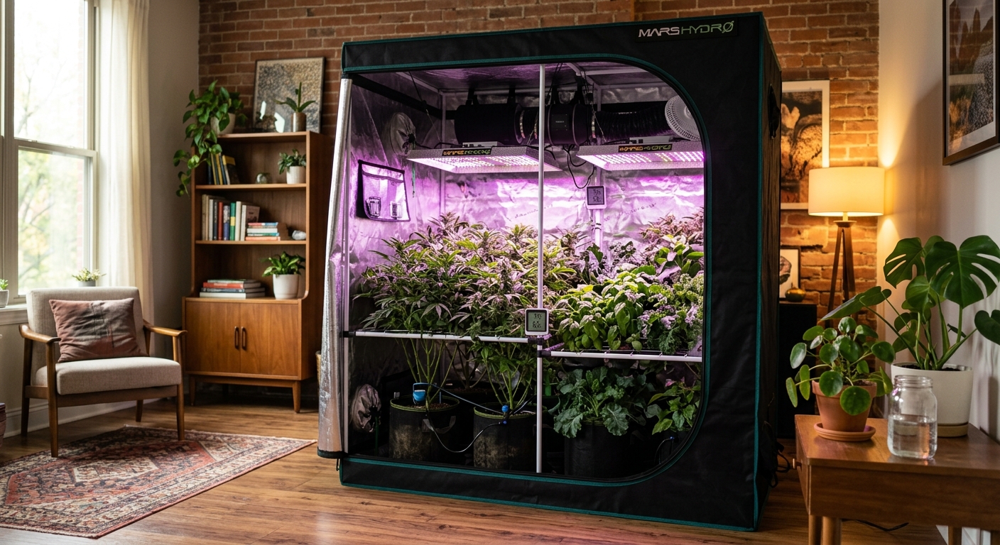 An open indoor grow tent revealing lush green leafy plants thriving under purple-pink LED grow lights in a modern home environment