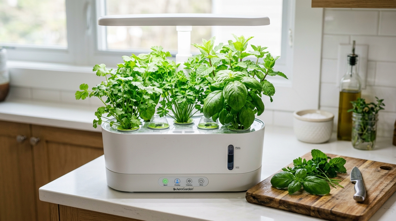 Smart indoor herb garden with 6 pods growing basil, parsley, cilantro, and mint on a clean white kitchen counter