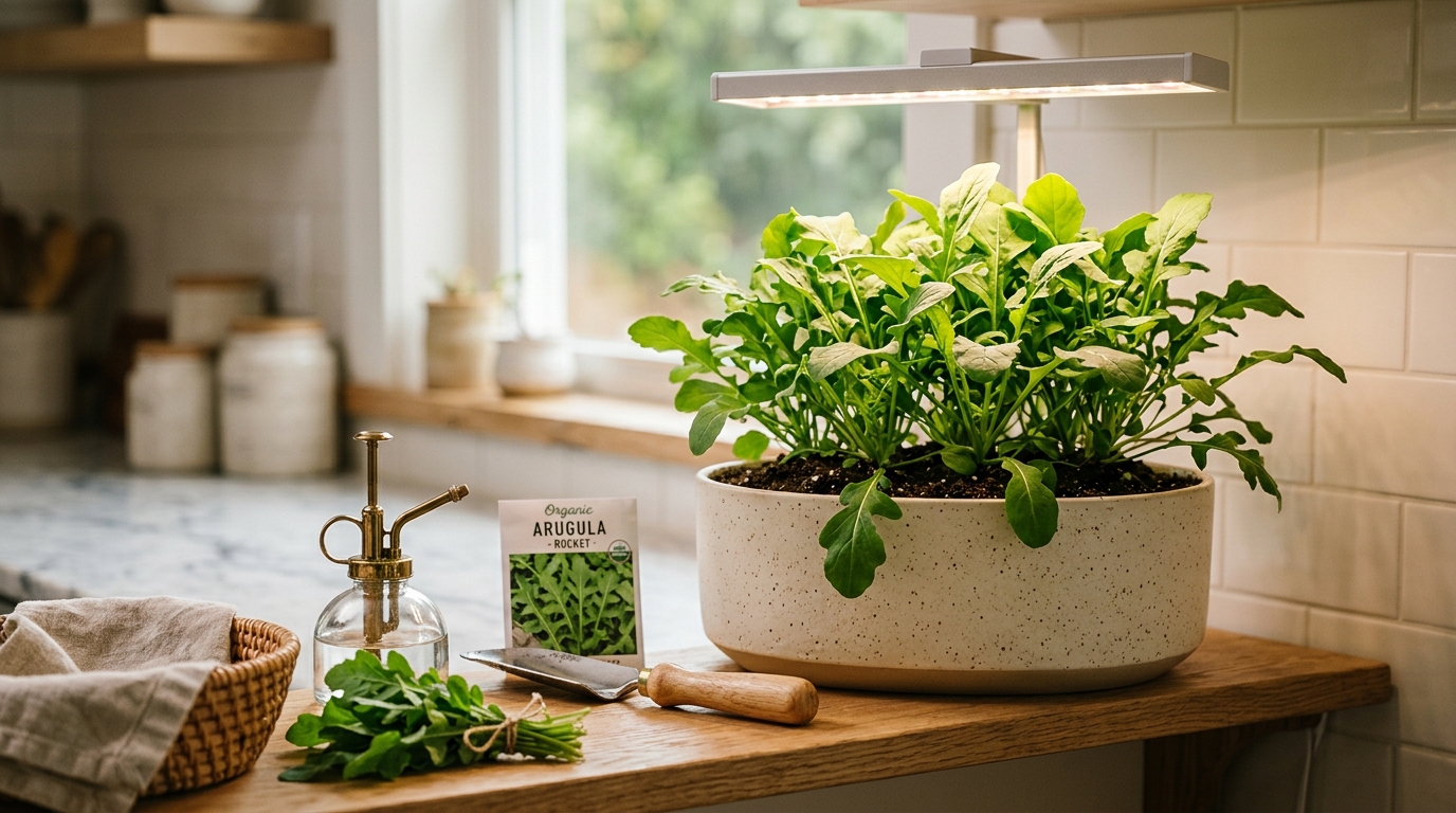 Fresh arugula seedlings growing in a white rectangular planter on a bright windowsill with deeply lobed green leaves ready to harvest