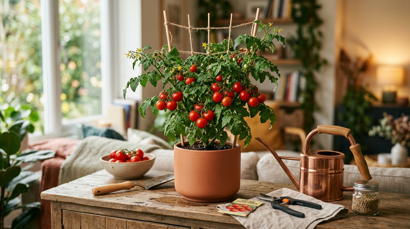 Clusters of ripe red cherry tomatoes growing in a container under a bright LED grow light indoors