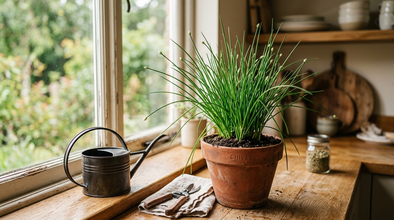 Fresh chives growing in a terracotta pot on a sunny kitchen windowsill with bright green hollow leaves ready to snip