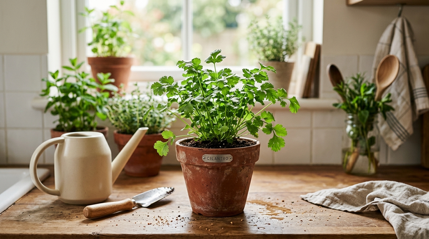 Fresh green cilantro growing in a deep terracotta pot on a bright kitchen windowsill with lush feathery leaves ready to harvest