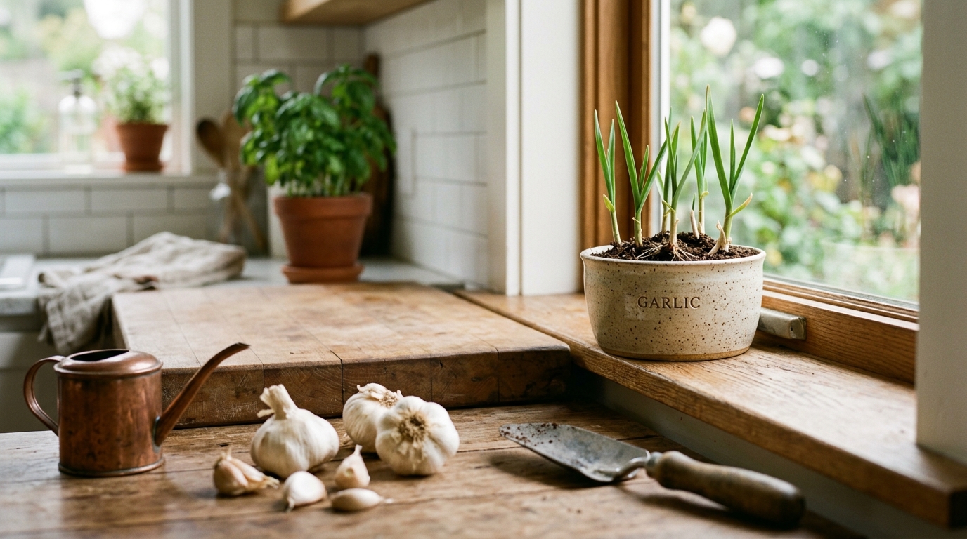 Garlic cloves planted in a terracotta pot with bright green garlic sprouts emerging on a sunny windowsill