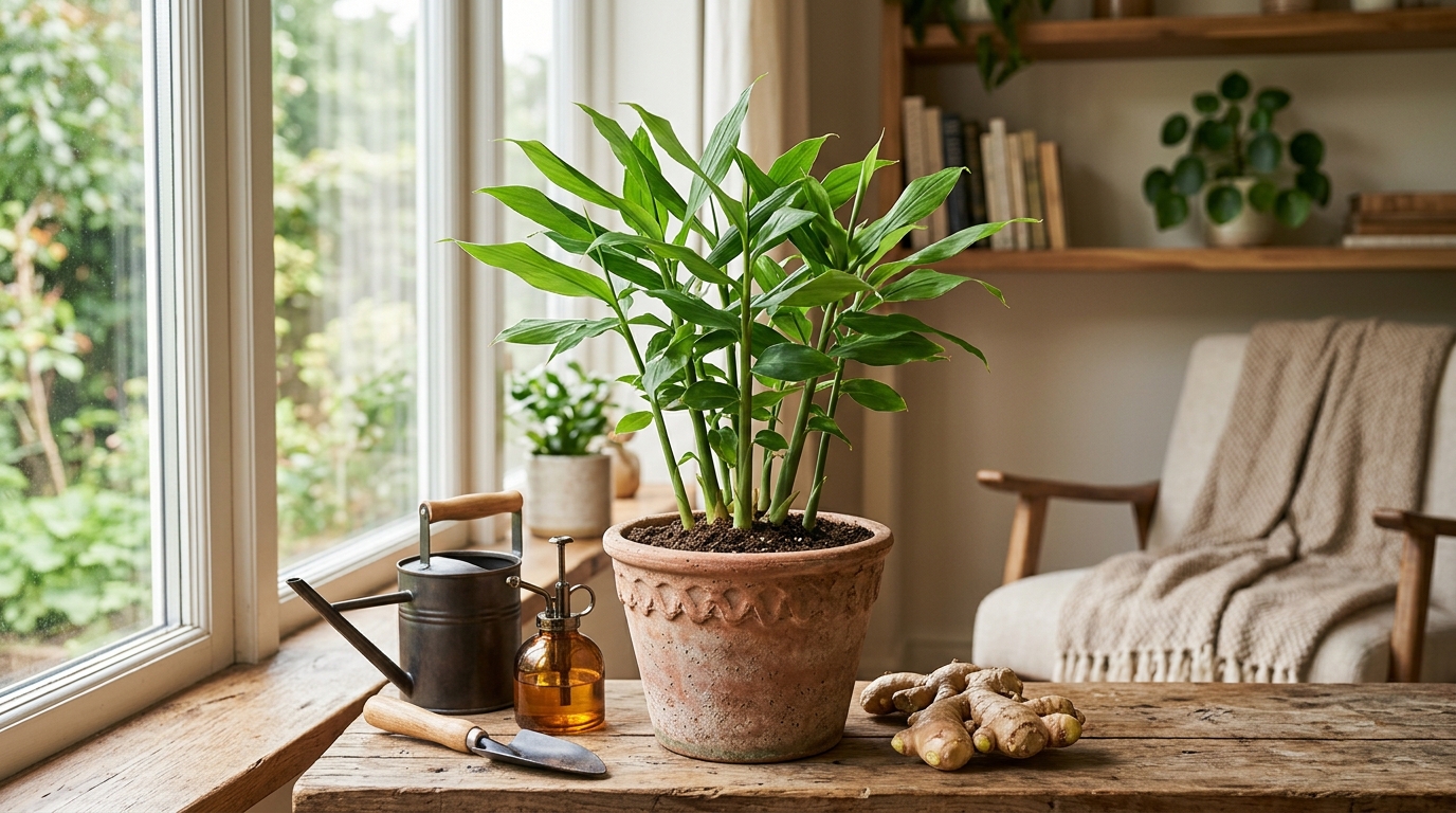 Fresh ginger rhizomes sprouting green shoots in a wide terracotta container on a warm indoor surface with indirect natural light