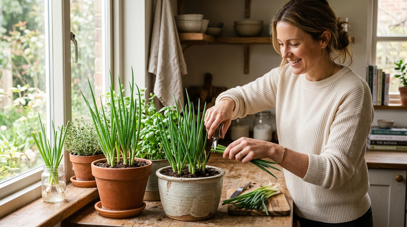 Fresh green onions regrowing in a glass jar on a bright kitchen windowsill