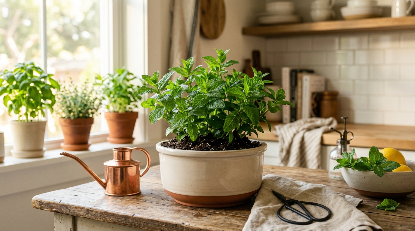 Fresh spearmint and peppermint growing in terracotta pots on a bright kitchen windowsill with lush green leaves ready for harvest