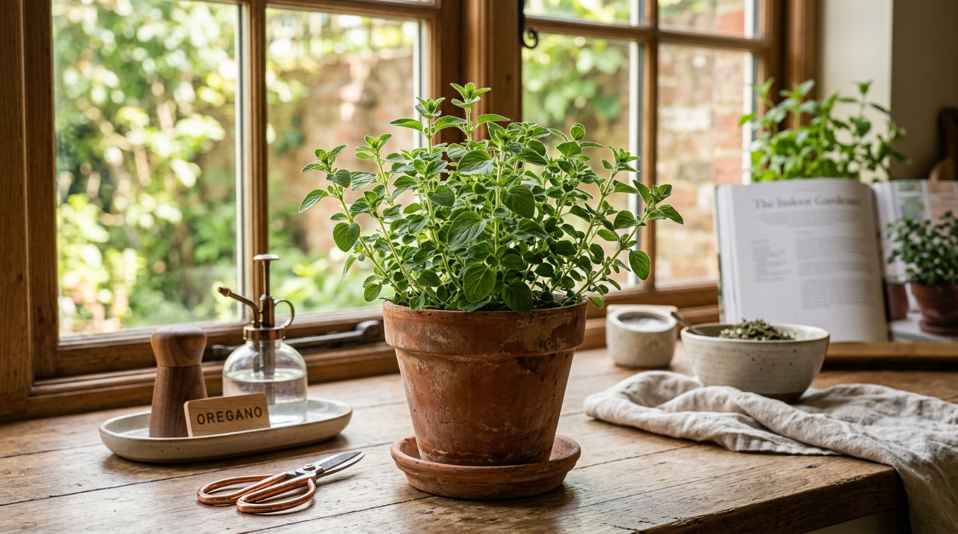Fresh green oregano growing in a terracotta pot on a bright sunny windowsill with aromatic leaves ready for harvest