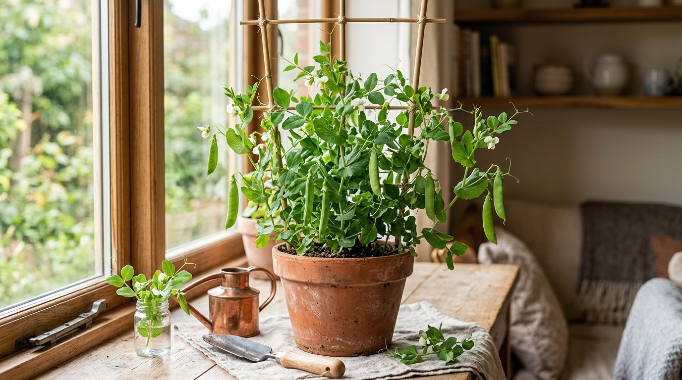 Sugar snap peas climbing a bamboo trellis in deep containers on a bright south-facing windowsill with plump green pods ready to harvest
