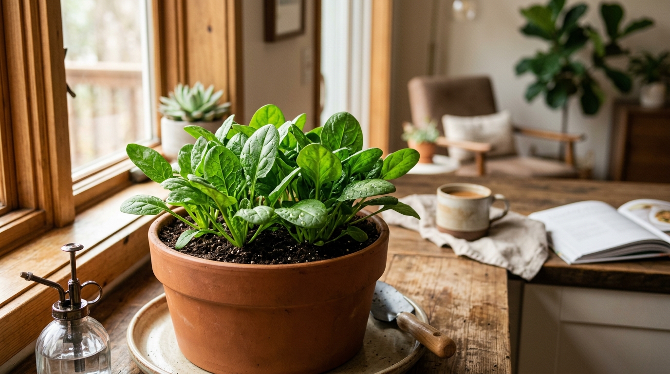 Fresh spinach growing in a container on a bright windowsill indoors