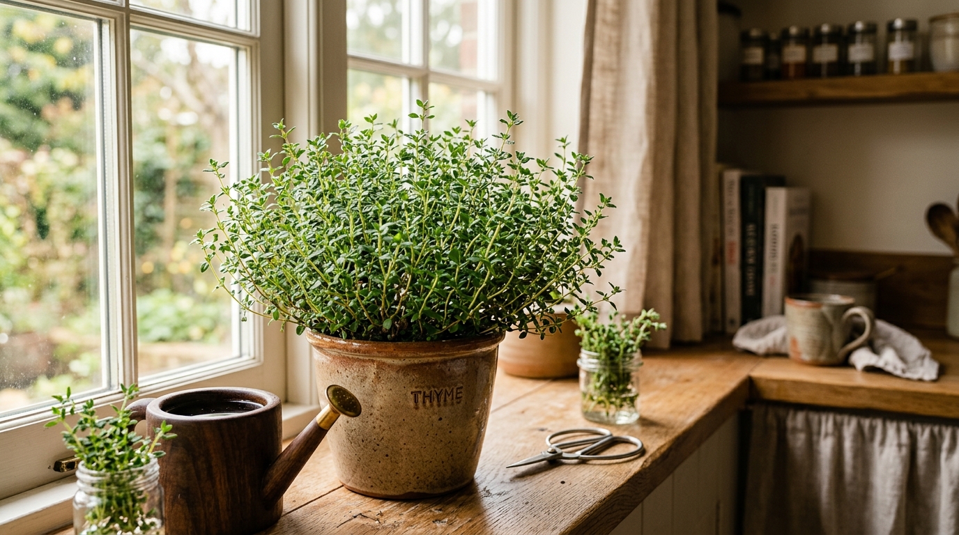 Fresh green thyme sprigs growing in a small terracotta pot on a bright sunny windowsill with aromatic needle-like leaves
