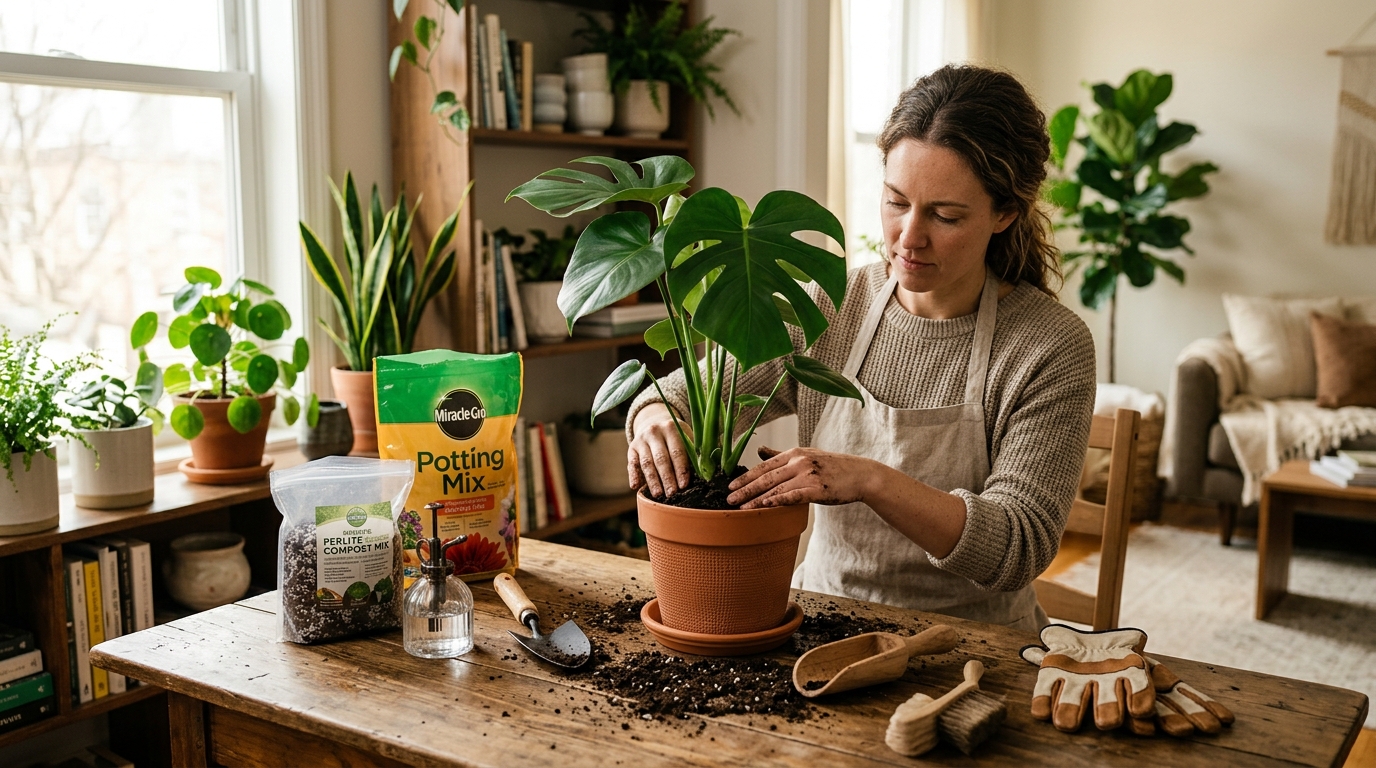 Hands repotting a root-bound plant into a larger terracotta pot with fresh potting soil on a wooden surface