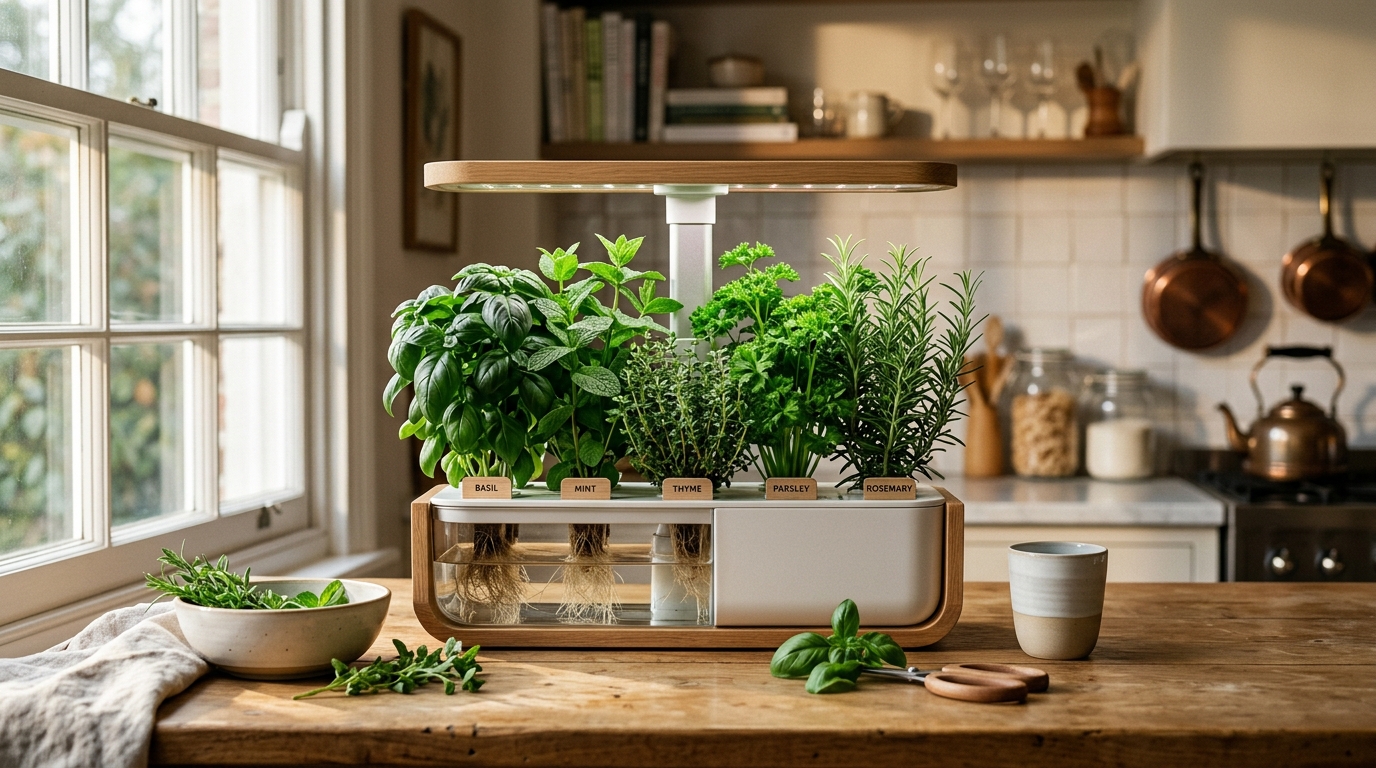 Hydroponic herb garden with basil, mint, and cilantro growing in mason jars filled with nutrient solution under LED grow lights