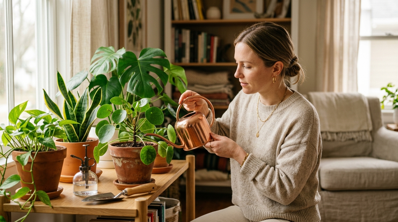 Person watering a collection of houseplants on a wooden shelf with natural light