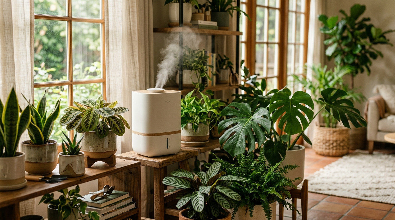 Dedicated plant room full of tropical foliage and grow lights with a large floor humidifier running in the corner