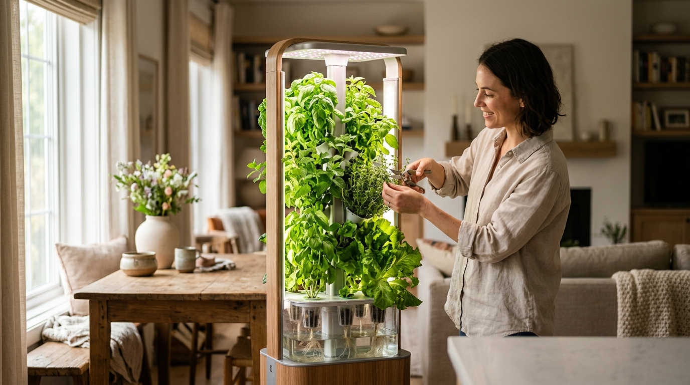 Home hydroponic system on kitchen counter with herb pods growing under LED lights