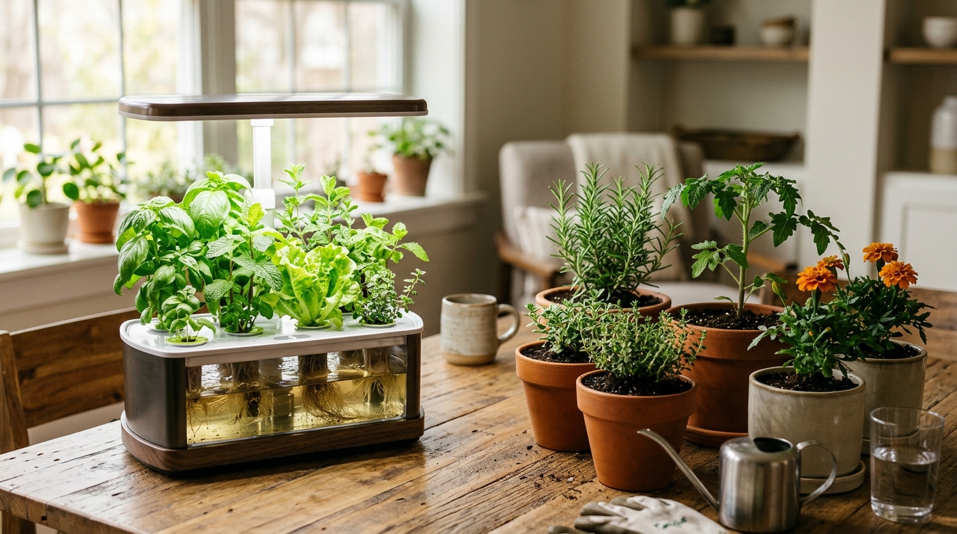 Hydroponic lettuce growing in net cups next to basil plants in terracotta pots with potting soil