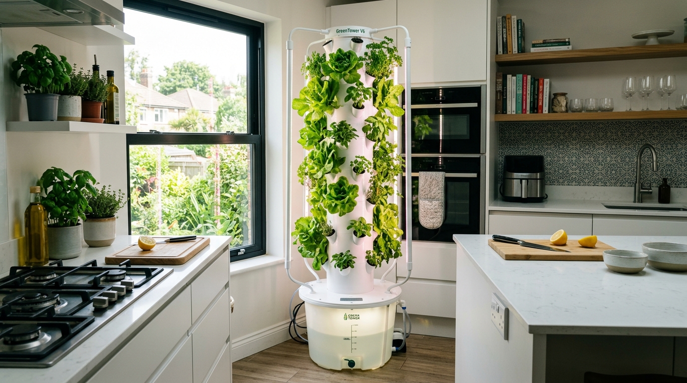 Vertical hydroponic tower system in a modern kitchen growing lettuce and herbs