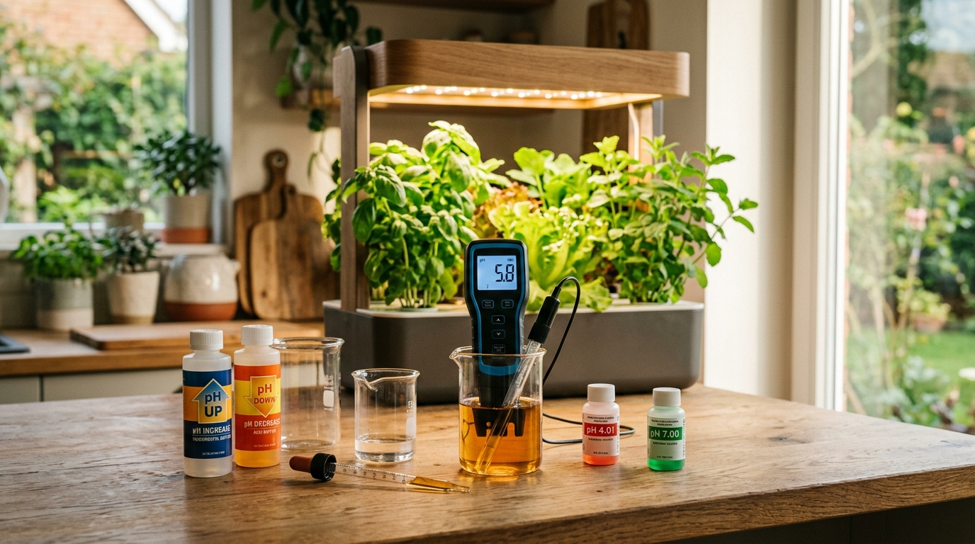 Digital pH pen testing hydroponic nutrient solution in a DWC bucket next to bottles of pH Up and pH Down