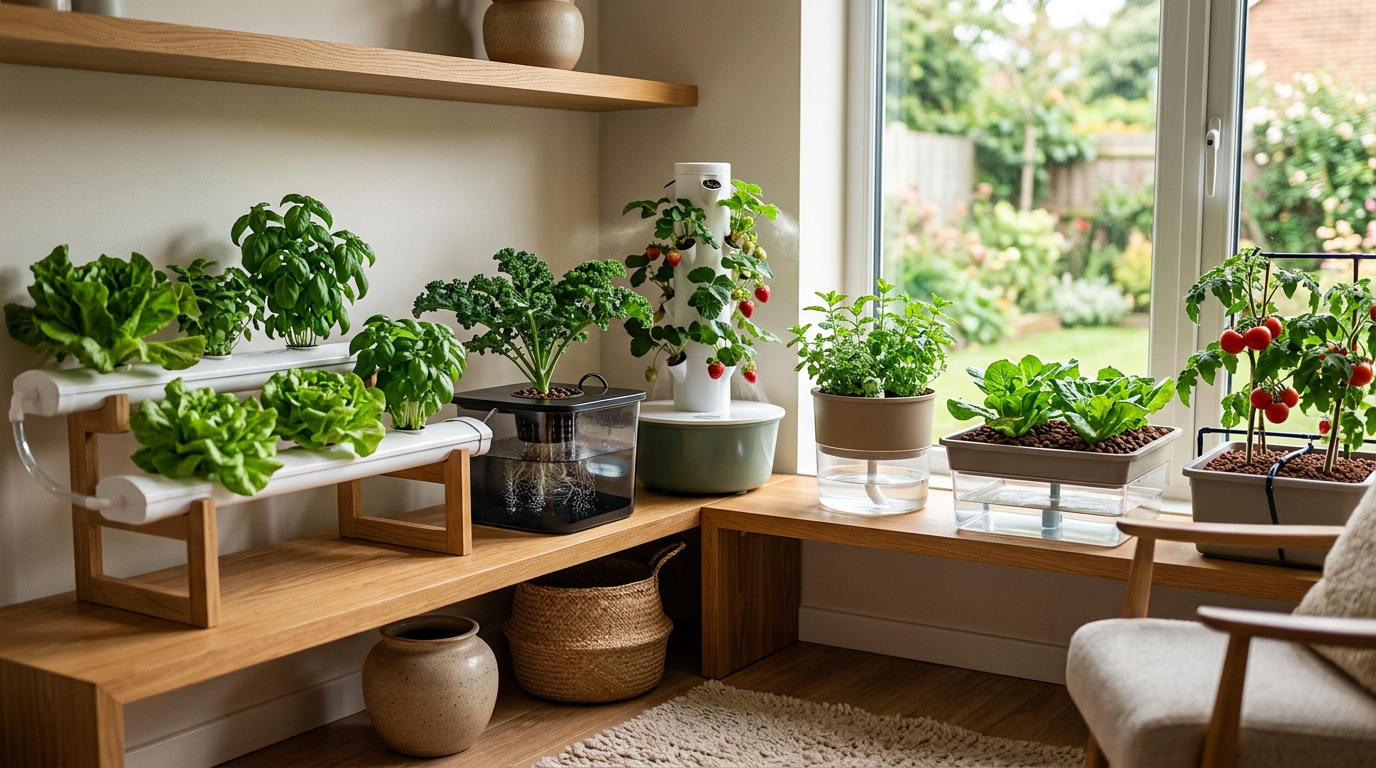A Deep Water Culture hydroponic system with lettuce plants growing in net pots suspended over a reservoir of green nutrient solution under LED grow lights on a shelf